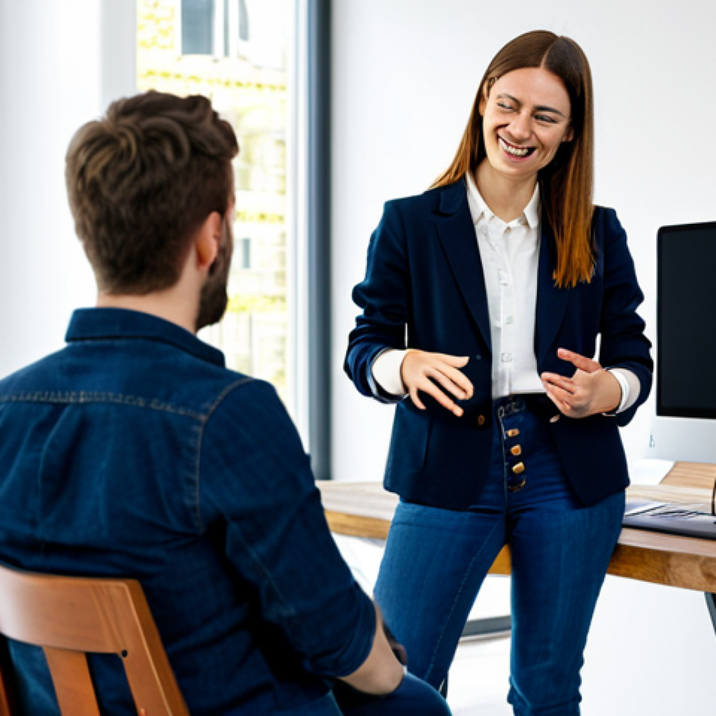 **
A confident female software engineer in her late 20s, wearing a smart casual outfit (dark jeans, a button-down shirt, and a blazer) in a brightly lit, modern co-working space in Berlin. She's collaborating with two colleagues on a laptop, gesturing enthusiastically at the screen. The atmosphere is relaxed but focused. Safe for work, appropriate content, fully clothed, professional, perfect anatomy, natural proportions, high resolution.
**