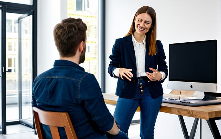 **
A confident female software engineer in her late 20s, wearing a smart casual outfit (dark jeans, a button-down shirt, and a blazer) in a brightly lit, modern co-working space in Berlin. She's collaborating with two colleagues on a laptop, gesturing enthusiastically at the screen. The atmosphere is relaxed but focused. Safe for work, appropriate content, fully clothed, professional, perfect anatomy, natural proportions, high resolution.
**