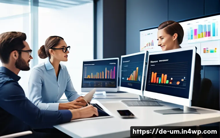 전환율 향상을 위한 고객 맞춤형 소통 방법 - A modern office scene showing a diverse team of marketing professionals analyzing customer data on m...