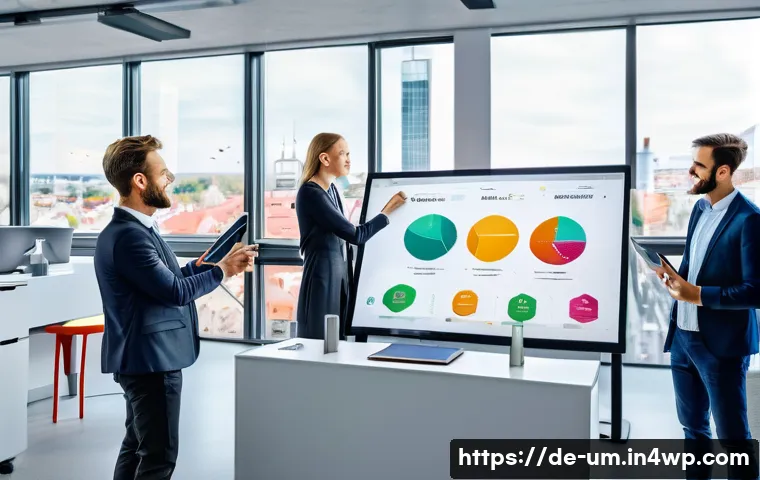 효율적인 고객 관리로 전환율 개선하기 - A modern office scene showing a diverse team of German marketing professionals collaborating around ...