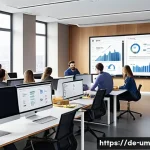 고객 유입 경로 최적화하는 방법 - A modern German office environment showing a diverse marketing team analyzing data on large screens ...