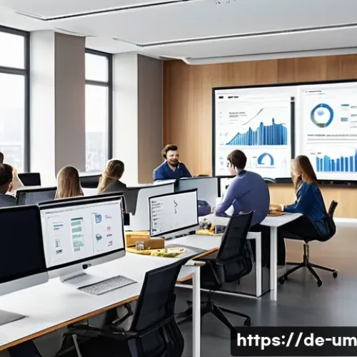 고객 유입 경로 최적화하는 방법 - A modern German office environment showing a diverse marketing team analyzing data on large screens ...