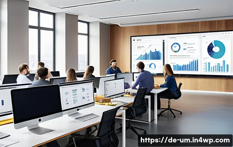 고객 유입 경로 최적화하는 방법 - A modern German office environment showing a diverse marketing team analyzing data on large screens ...