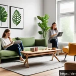 고객 의사결정 과정 이해하기 - A cozy modern living room scene featuring a diverse group of young German adults shopping online tog...