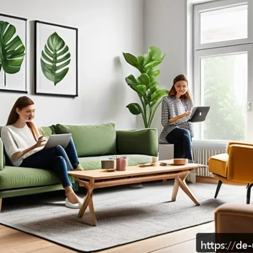 고객 의사결정 과정 이해하기 - A cozy modern living room scene featuring a diverse group of young German adults shopping online tog...