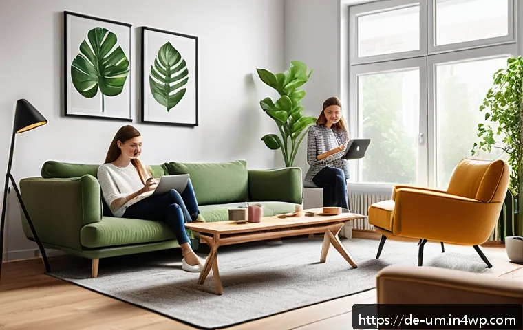 고객 의사결정 과정 이해하기 - A cozy modern living room scene featuring a diverse group of young German adults shopping online tog...
